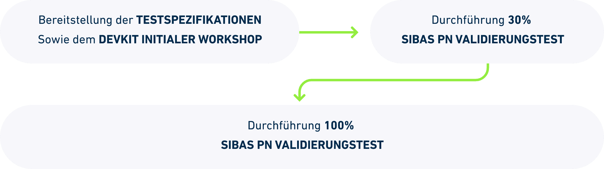 Three-stage procedure: provision of the test specifications and the DEVKIT with an initial workshop, then a 30 % SIBAS PN validation test run, then a 100 % SIBAS PN validation test run.