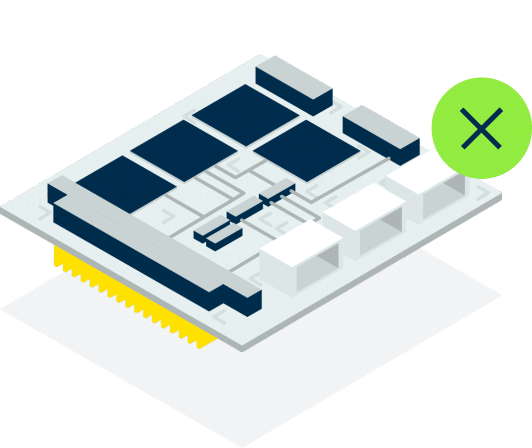 Isometric illustration of a PC104 interface card, crossed out – the card is no longer needed.