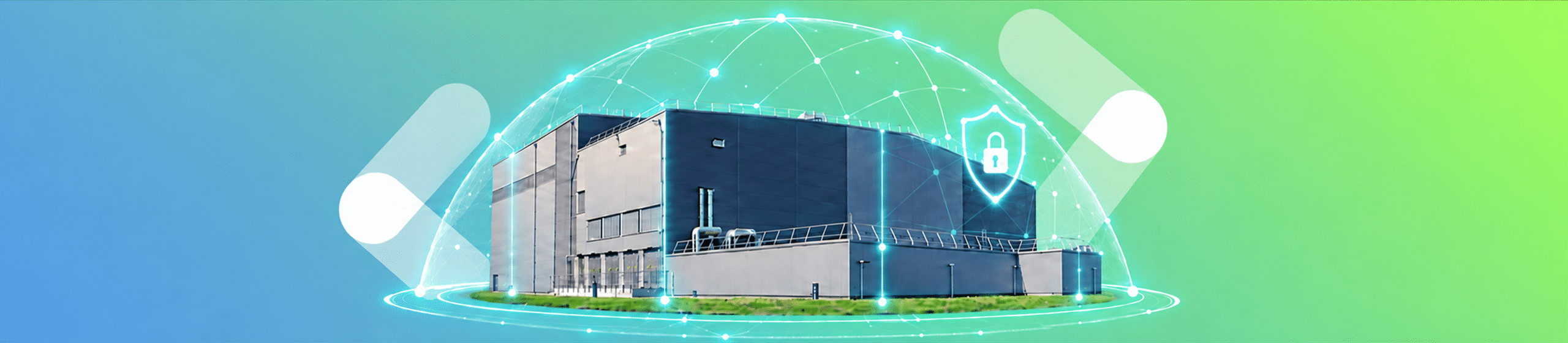 Wasseraufbereitungsanlage der Wassergewinnung Essen mit digitaler Schutzkuppel als Symbol für OT-Cybersicherheit.