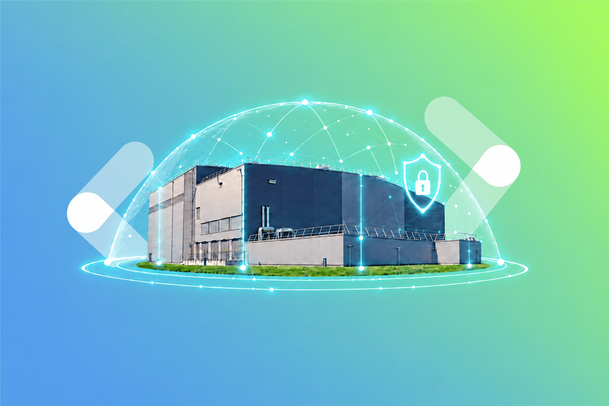 Wasseraufbereitungsanlage der Wassergewinnung Essen mit digitaler Schutzkuppel als Symbol für OT-Cybersicherheit.
